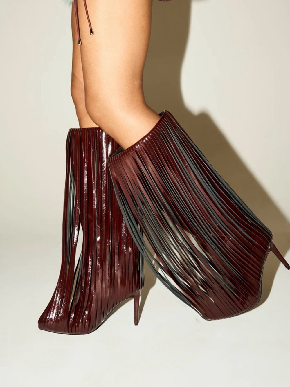 Fringed Knee-High Stiletto Boots in Burgundy